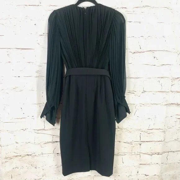 Badgley Mischka Women's Black Puff Pleated Sleeve Bodycon Sheath Midi Dress Sz 0 - Picture 2 of 7